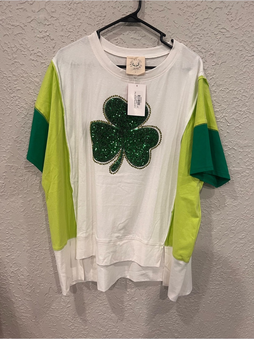 Fantastic Fawn White Tee with Green Sequin Shamrock and Lime Colorblock Sleeves